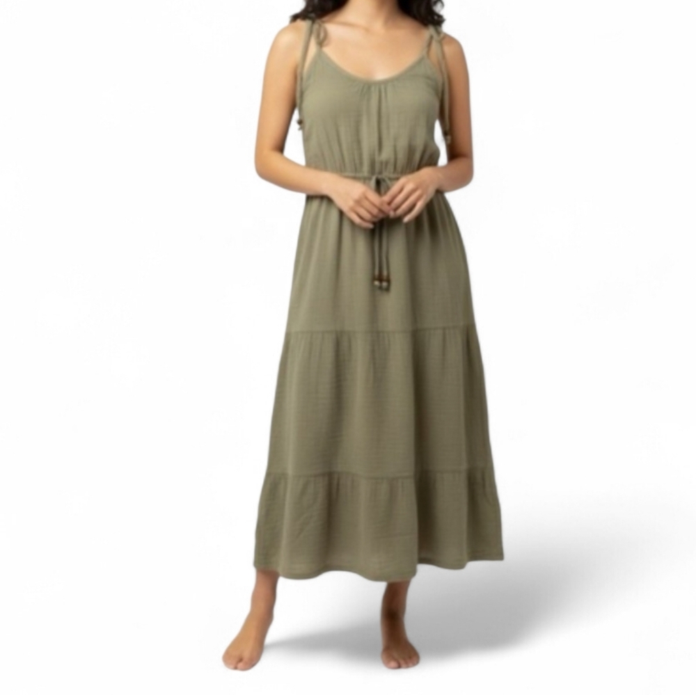 Lucky Brand Olive Green Sleeveless Midi Dress Tie Waist Tiered Skirt Boho Casual